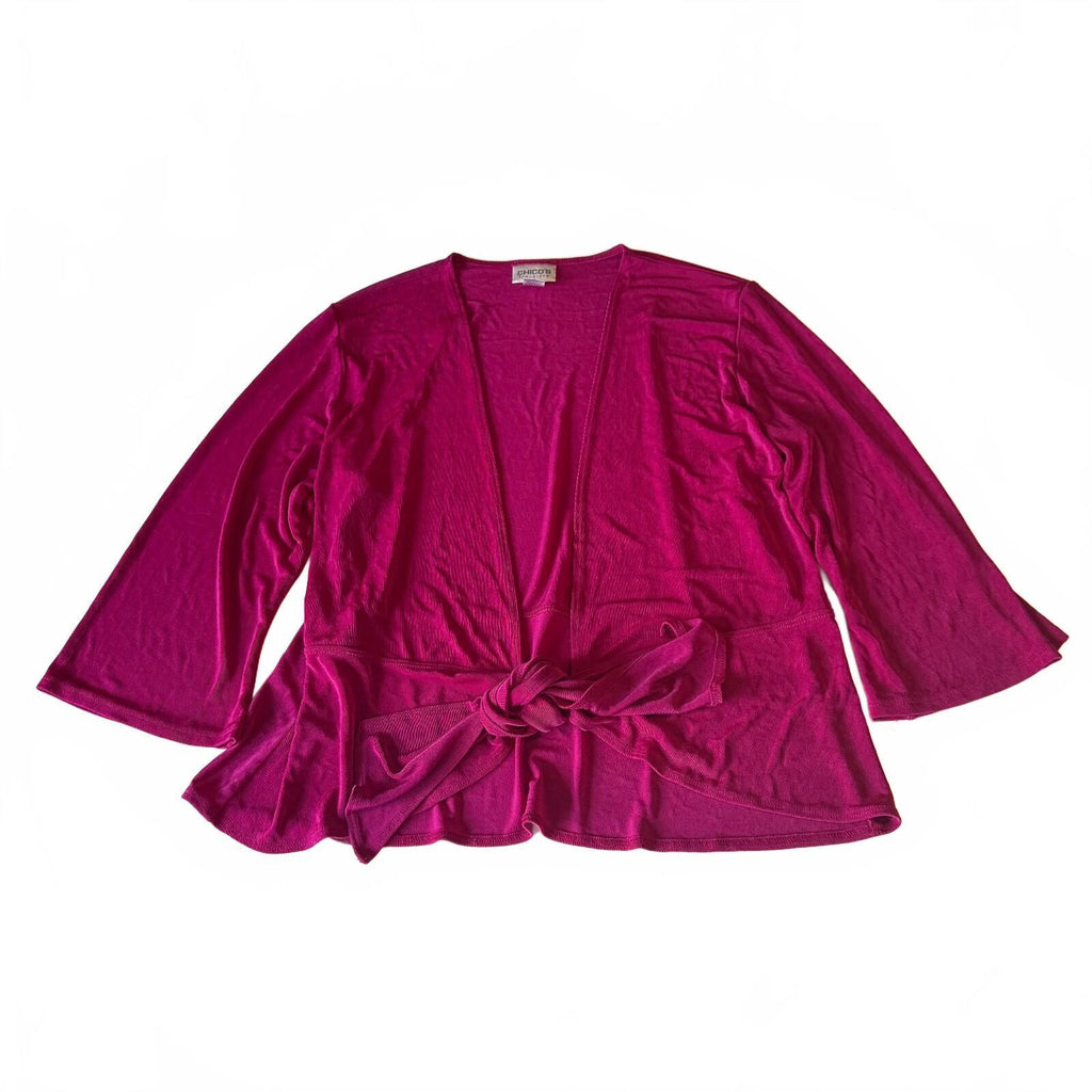 Chico's Travelers Magenta Front Tie Cardigan Size 3, 95% Acetate 5% Spandex, USA