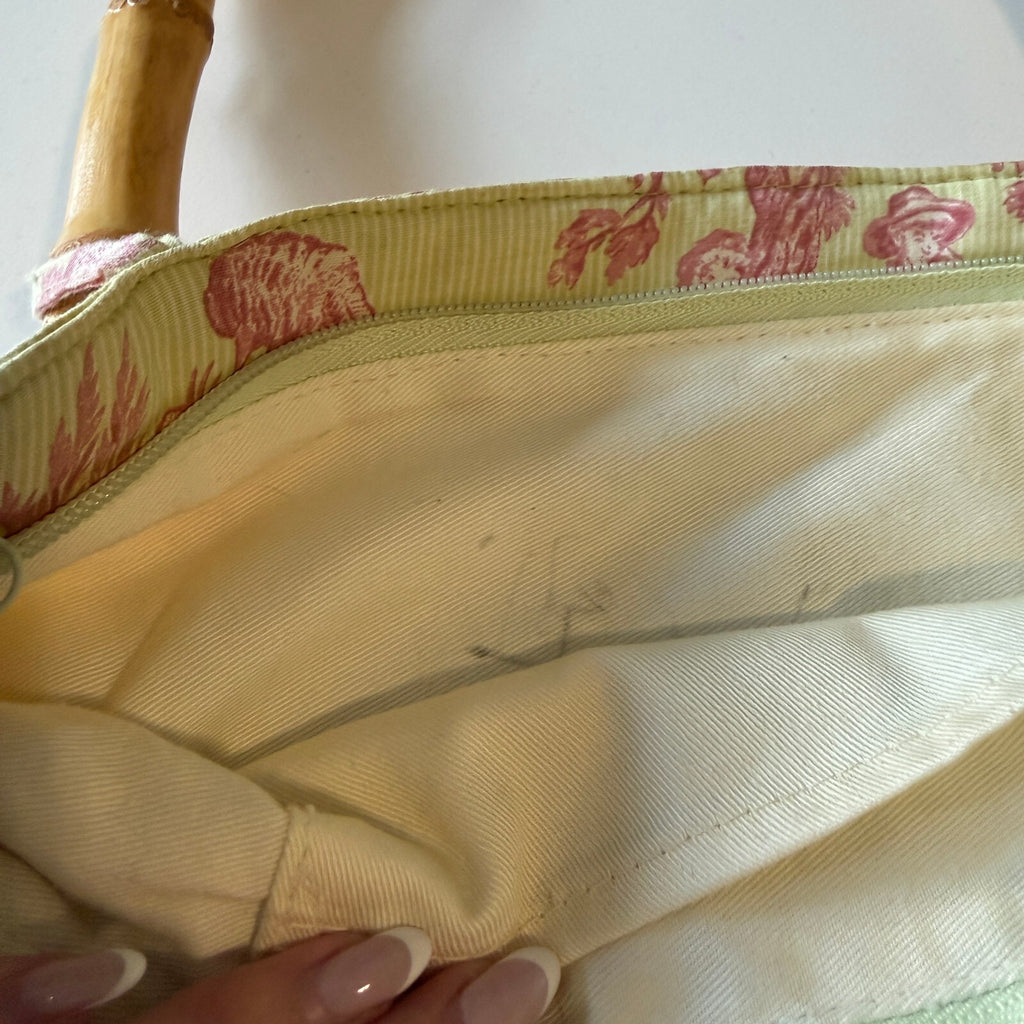 Pink and Yellow Toile de Jouy Bamboo Handle Purse Unique Fabric Accessory