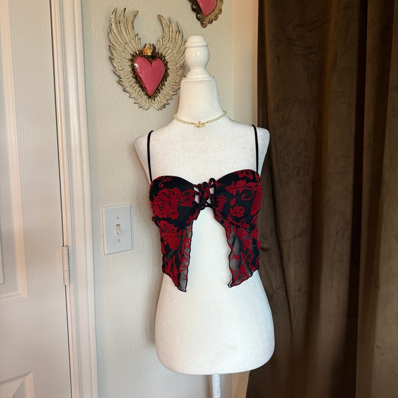 Windsor Medium Black and Red Floral Fairy Crop Top with Adjustable Straps