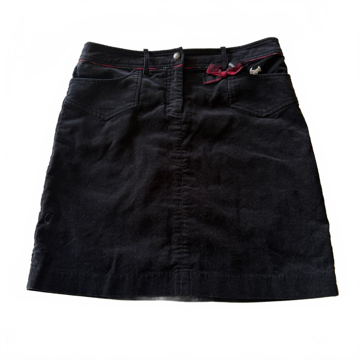 Scottish House Black Corduroy Mini Skirt Plaid Bow Rhinestone Dog Sz L Y2K