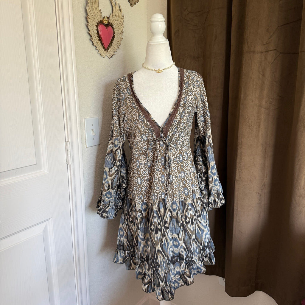 Sanctuary Silk Blend Bell Sleeve Women's Bohemian Mini Dress 70s Stevie Nicks