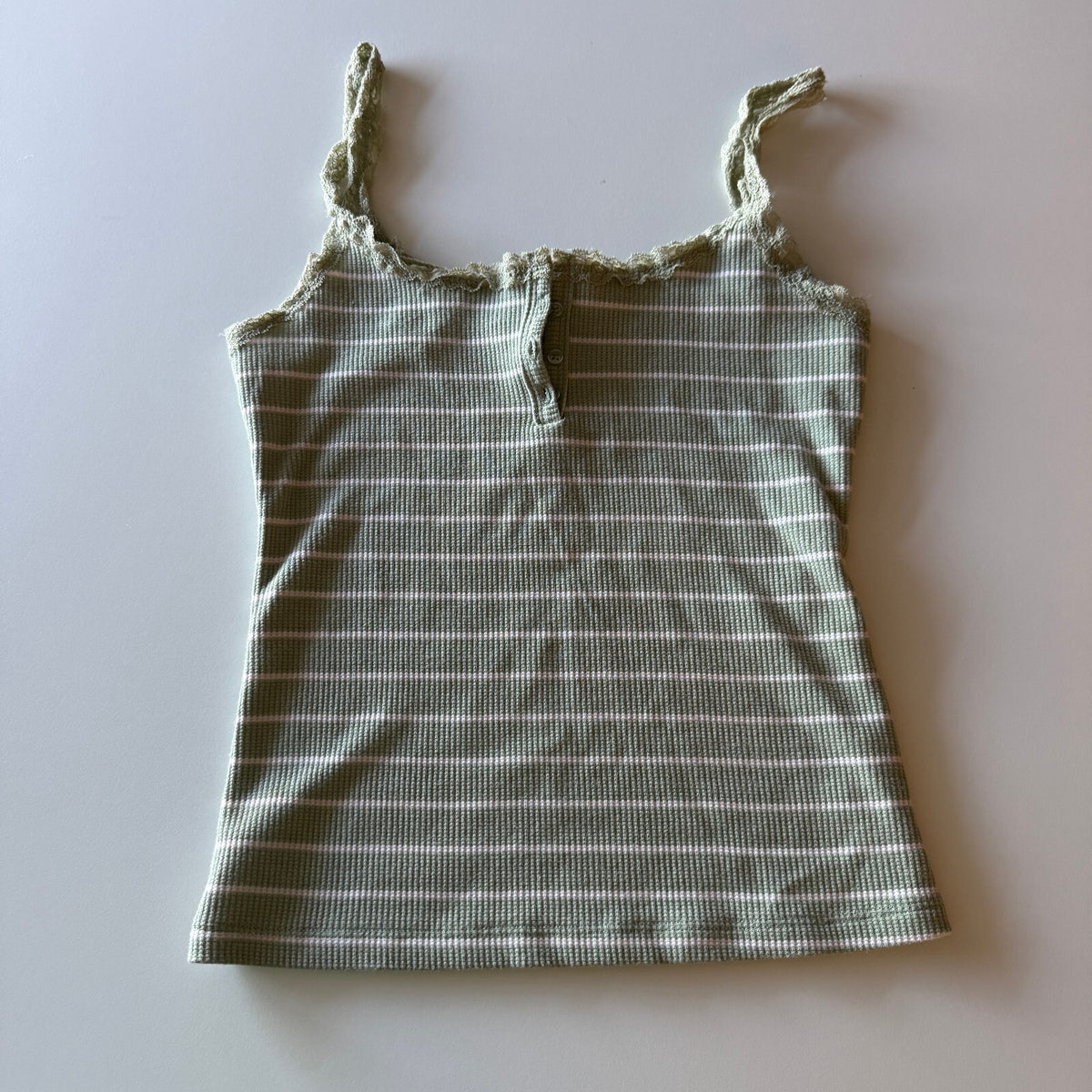 Bella Swan Sage Green Striped Ribbed Knit Henley Style Cami Cottagecore Lace