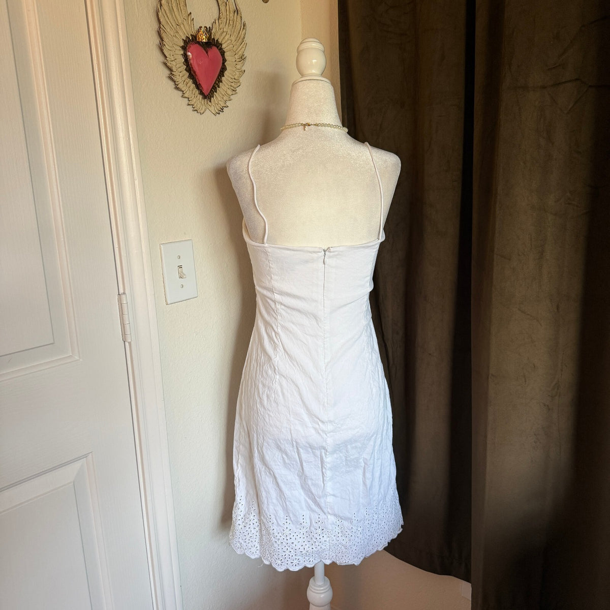 thriftalina Theory White Linen Blend Slip Dress Eyelet Lace Hem Sz 6 Cottagecore Quiet Luxe