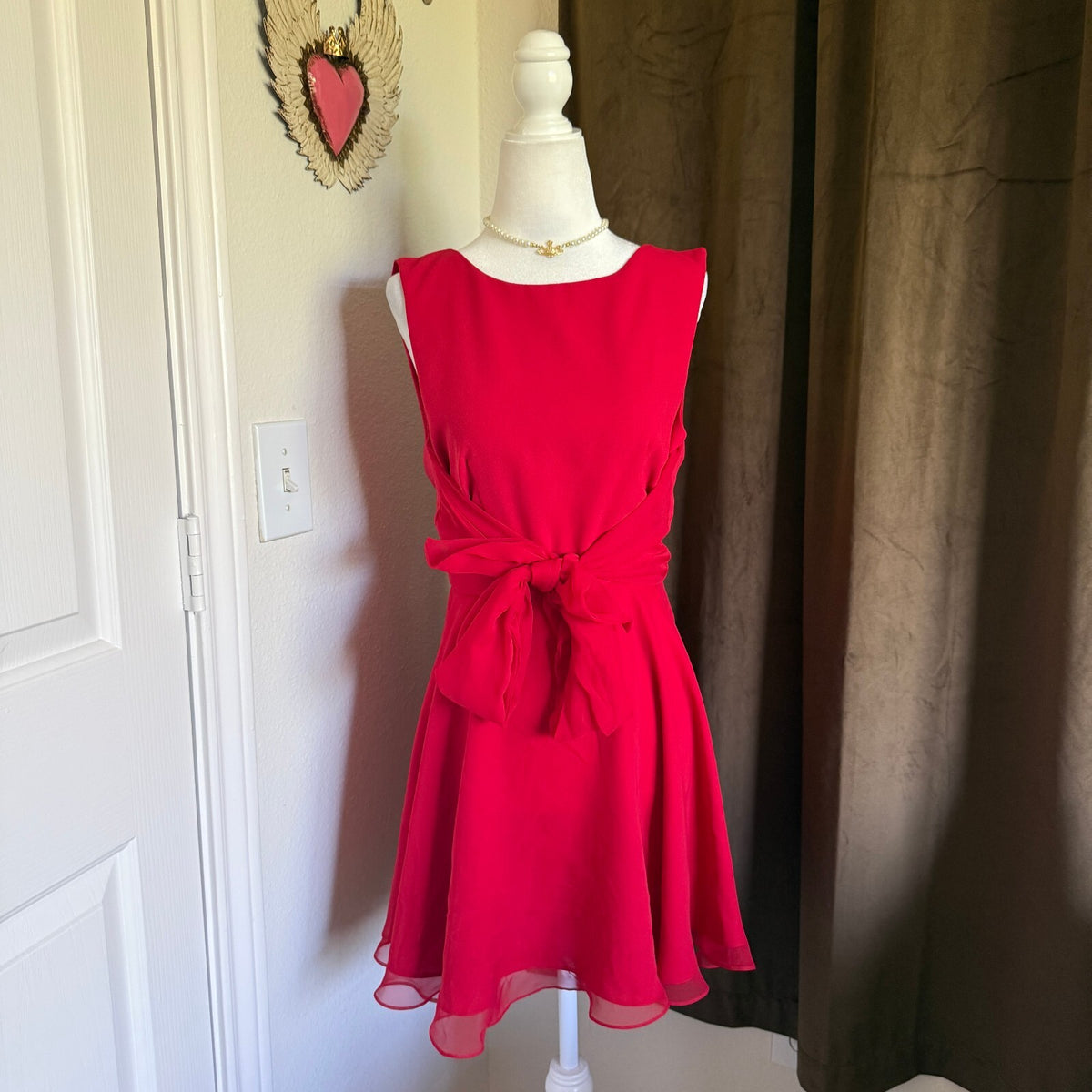 thriftalina Vintage 90s Tempo Paris Red Tie Detail Mini Dress Fairycore Coquette Euro Sz 4