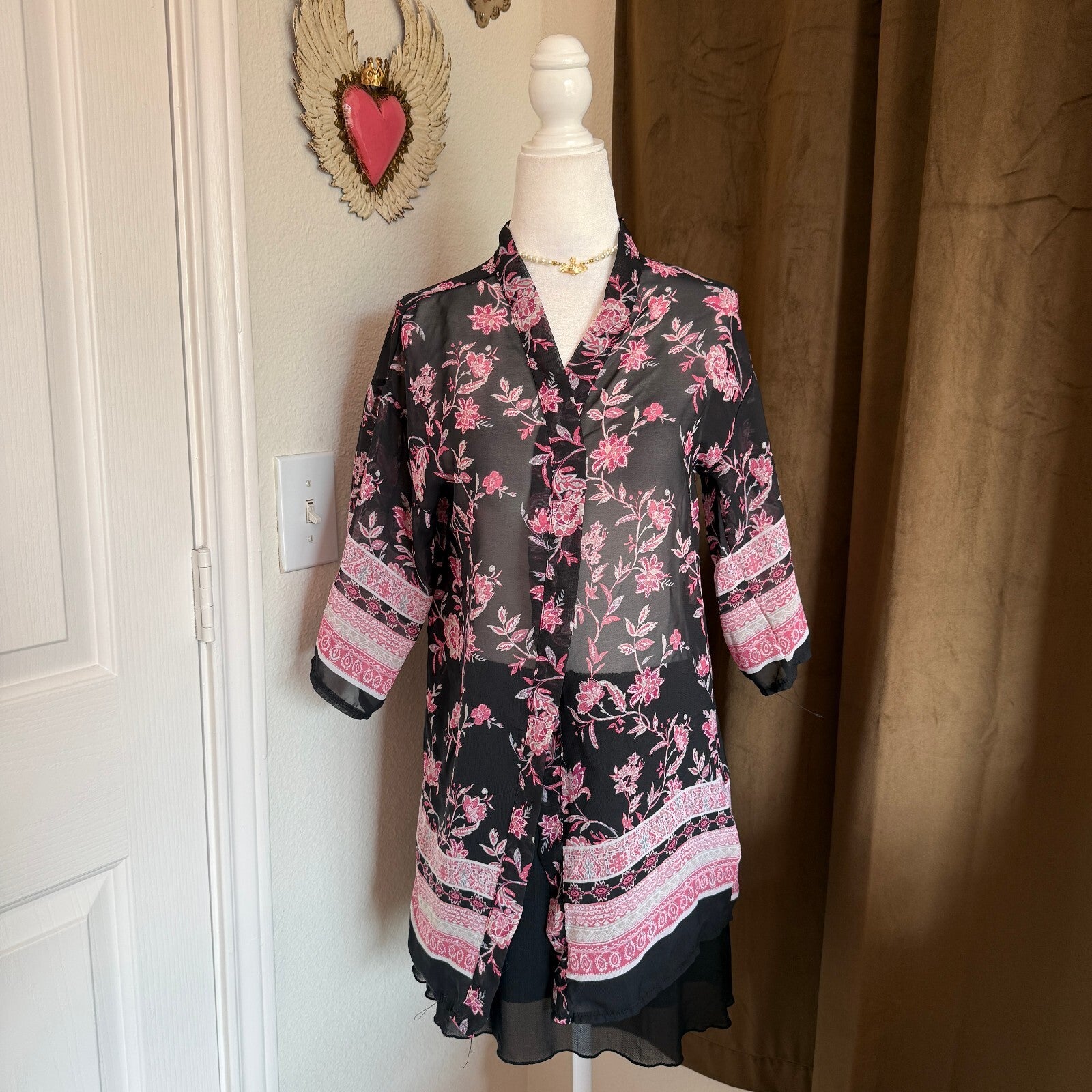 Knitworks Women's Bohemian Black and Pink Floral Sheer Kimono Cardigan Size 12