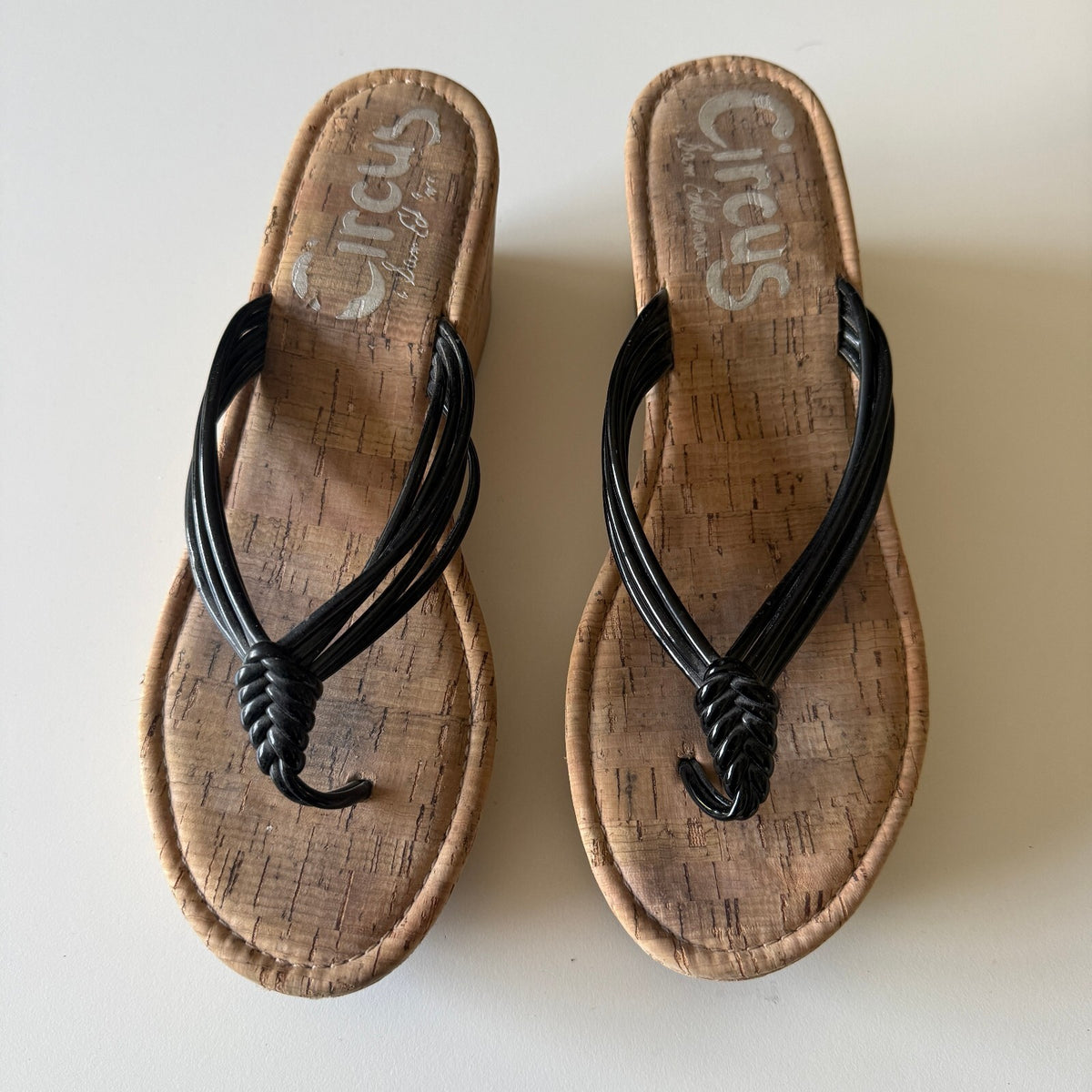 Circus by Sam Edelman Black Cork Wedge Flip Flop Sandals Y2K Boho Sz 7