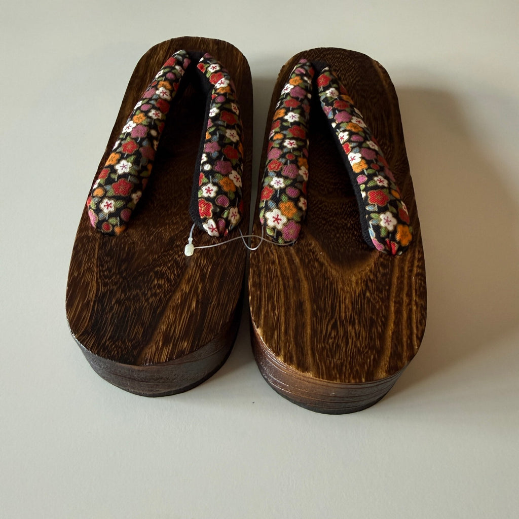 Vintage Japanese Style Geta Wooden Sandals Floral Cotton Strap 9.5 In Sz 6-6.5