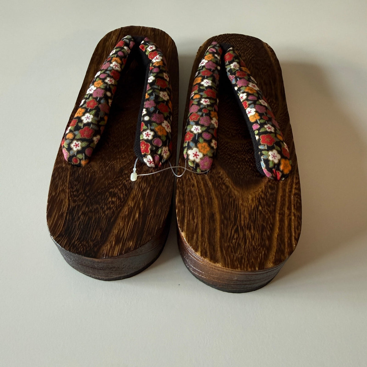 Vintage Japanese Style Geta Wooden Sandals Floral Cotton Strap 9.5 In Sz 6-6.5
