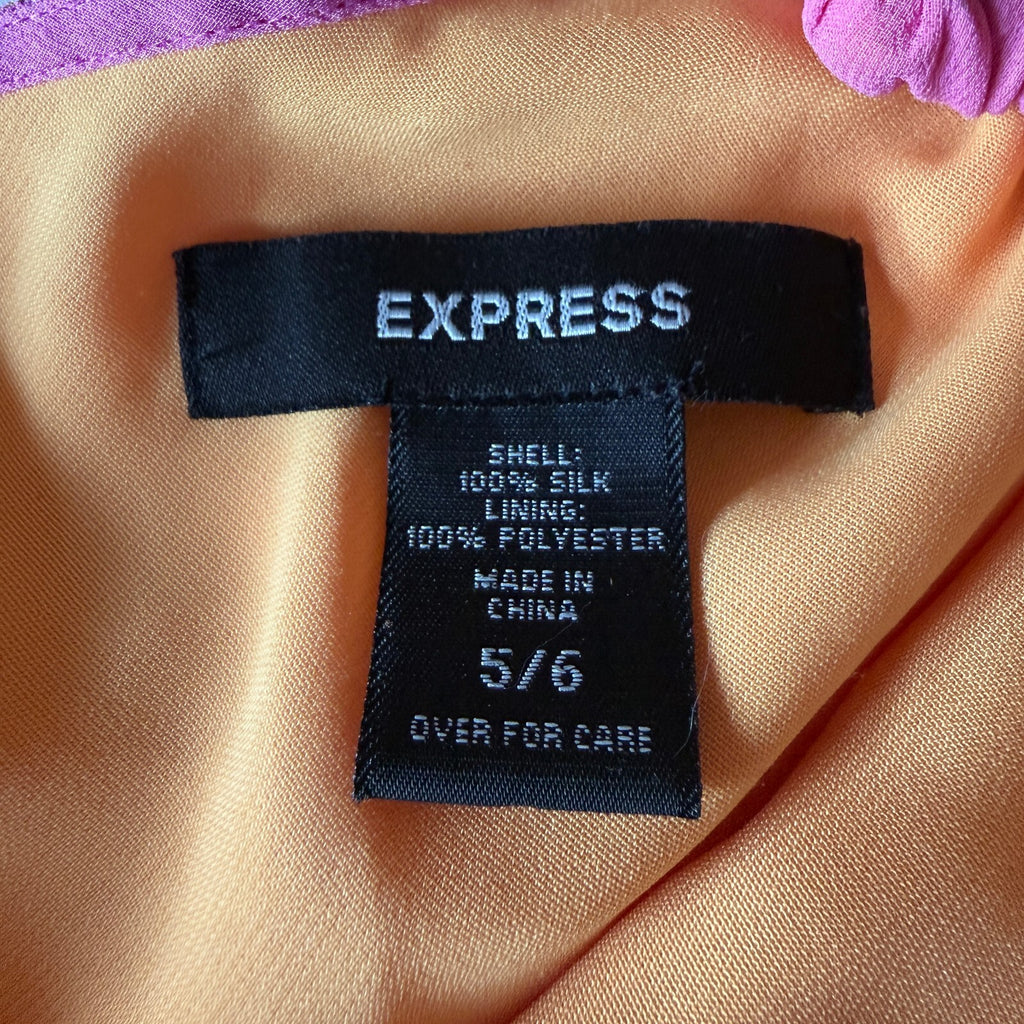 Vintage Y2K 1990s Express Silk Pink & Orange One Shoulder Midi Dress Sz 5/6