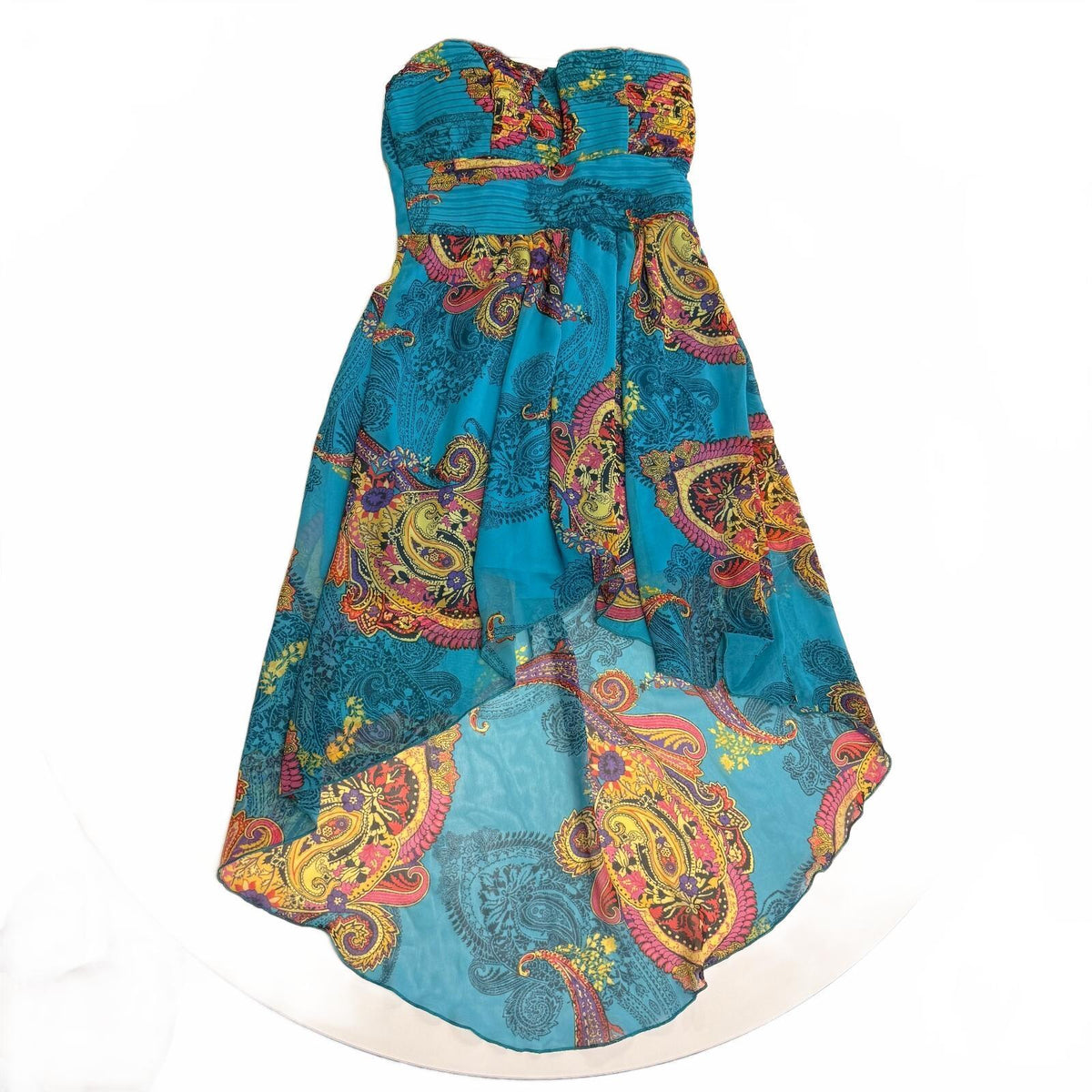 Marineblu Turquoise Paisley High/Low Strapless Dress Boho Smocked Floral Sz S