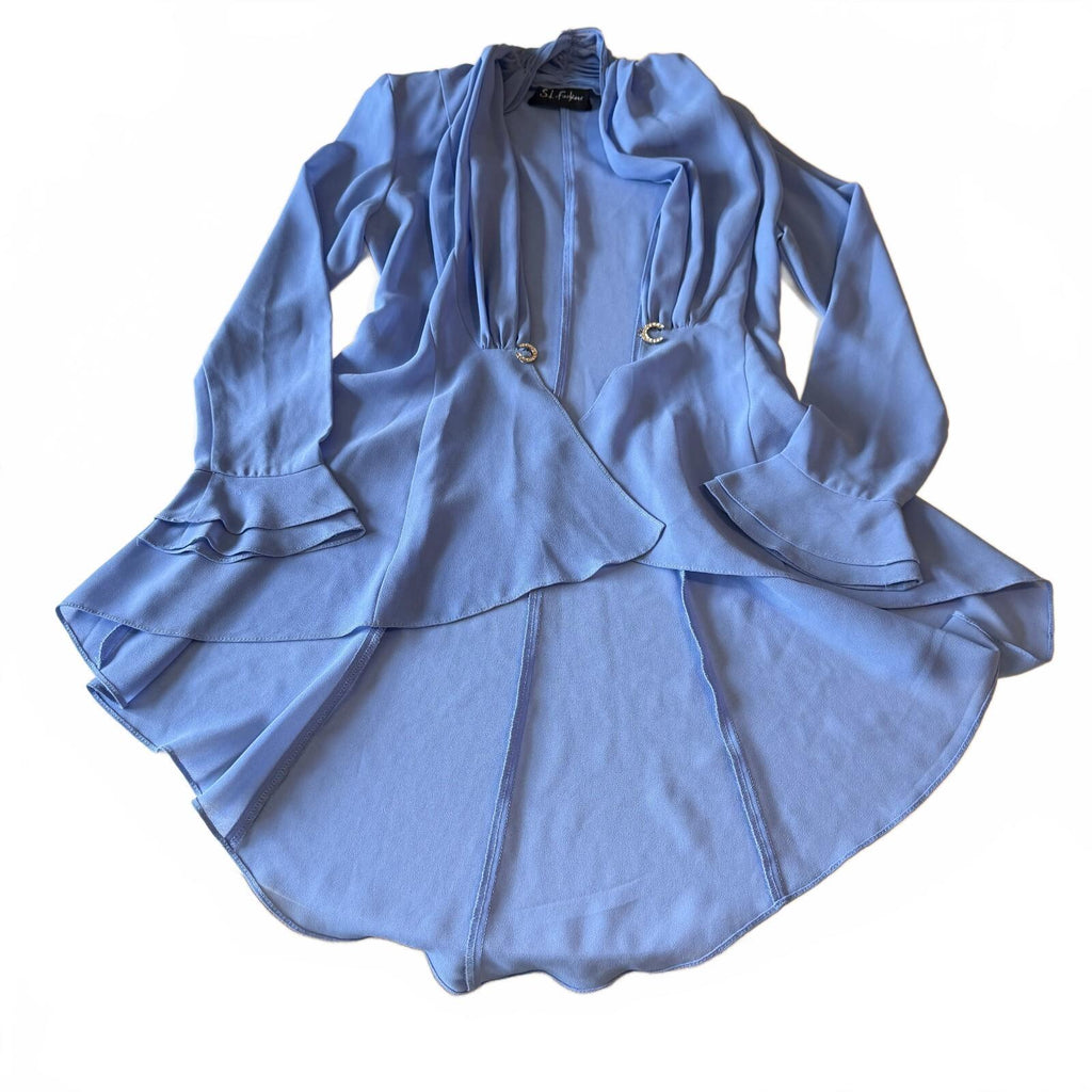 S.L. Fashions Periwinkle Chiffon Waterfall Jacket Rhinestone Ruffle Blingy Sheer