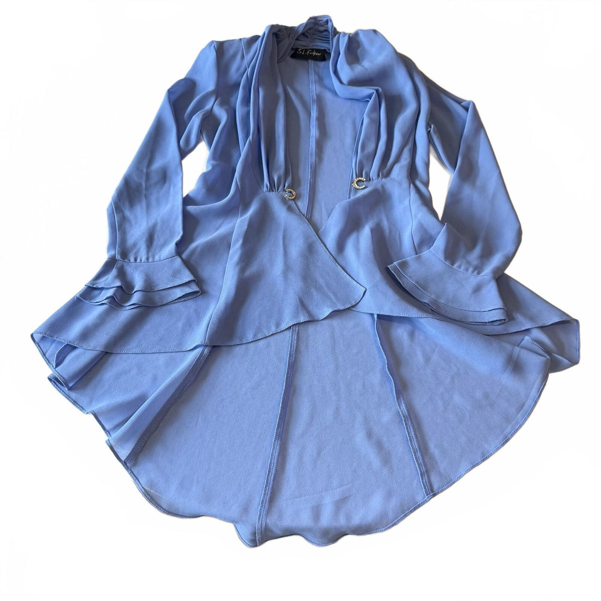 S.L. Fashions Periwinkle Chiffon Waterfall Jacket Rhinestone Ruffle Blingy Sheer