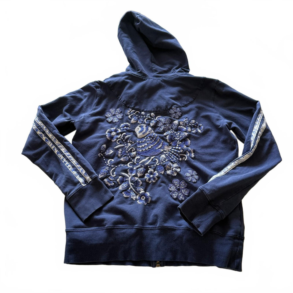 Johnny Was XS Navy Blue Hoodie with Embroidered Floral and Bird Design Cotton XS