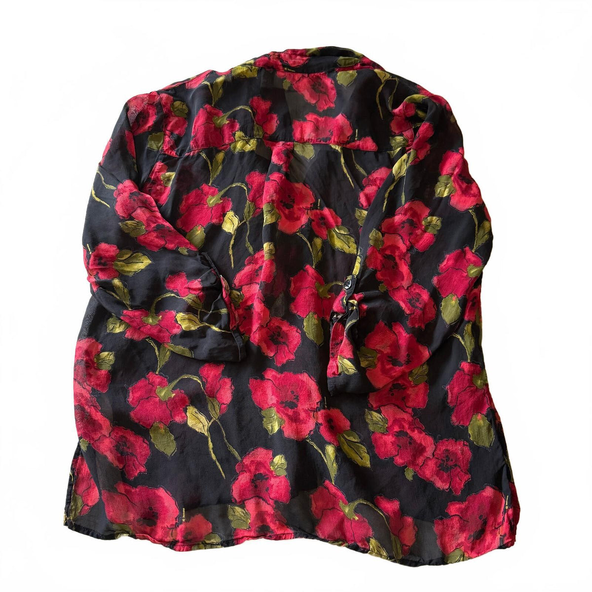 Vintage Chico's Red Floral Whimsical Sheer Button-Up Fall Layering Cottagecore