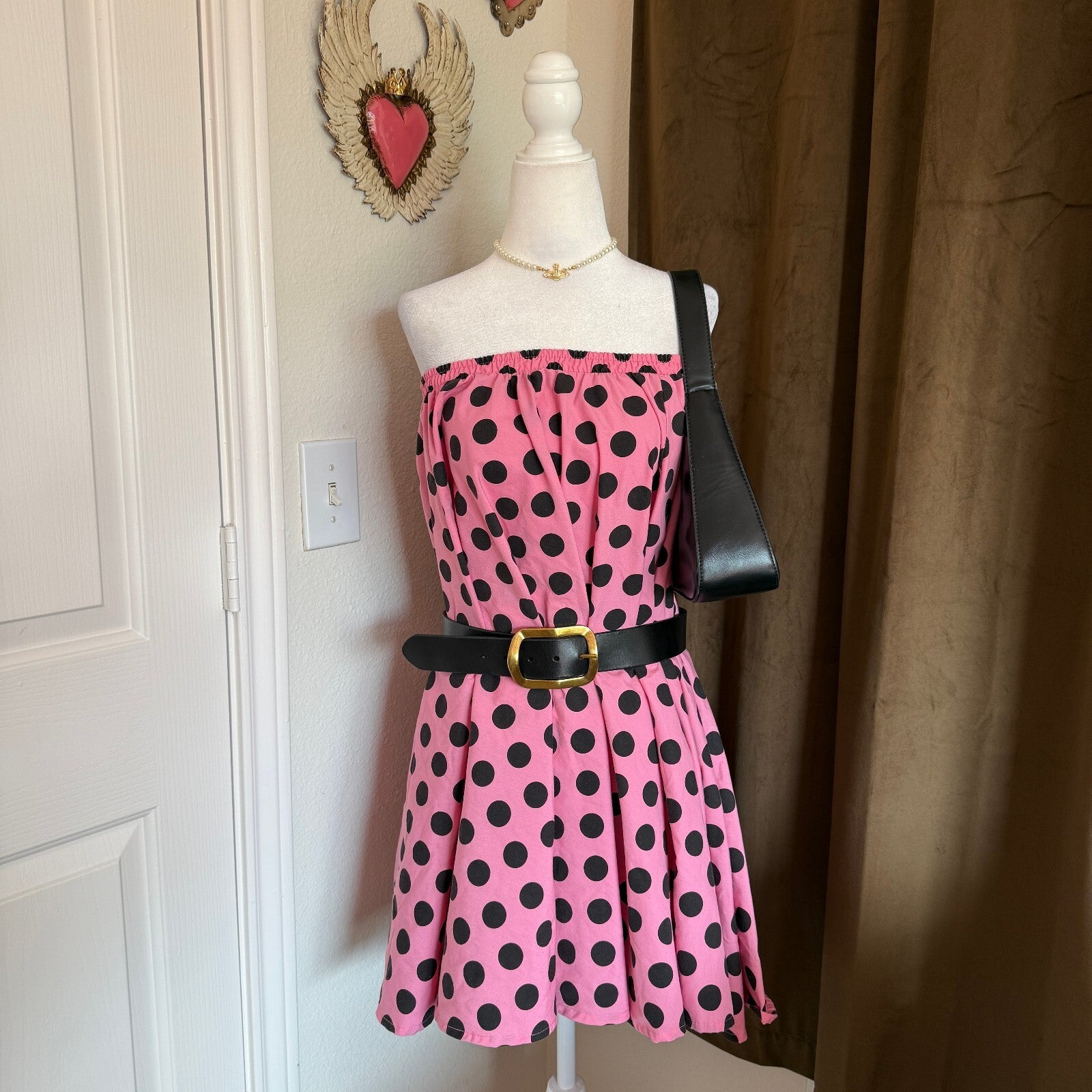 Vintage Pink & Black Polka Dot Women's Pleated Skirt No Size