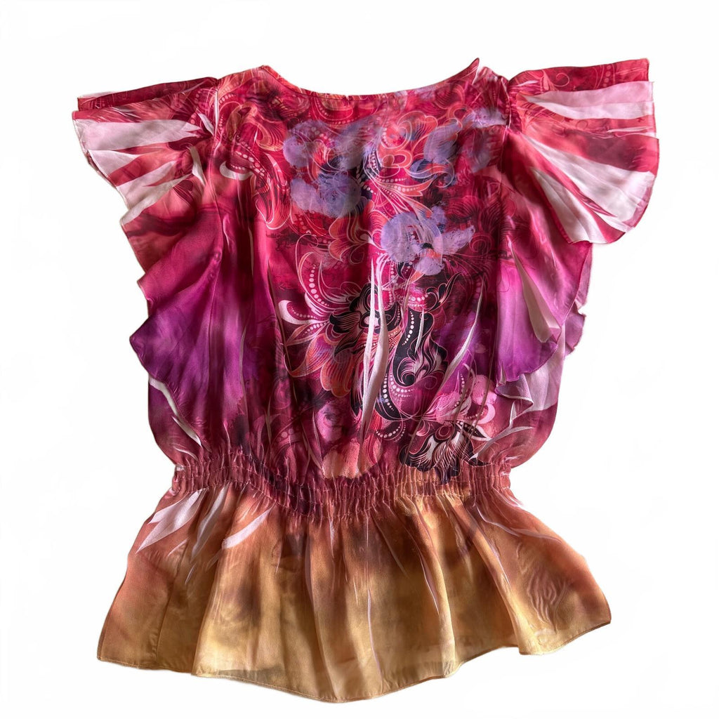 NY Collection Pink Abstract Floral Chiffon Flutter Sleeve Blouse Sz M Boho Fairy