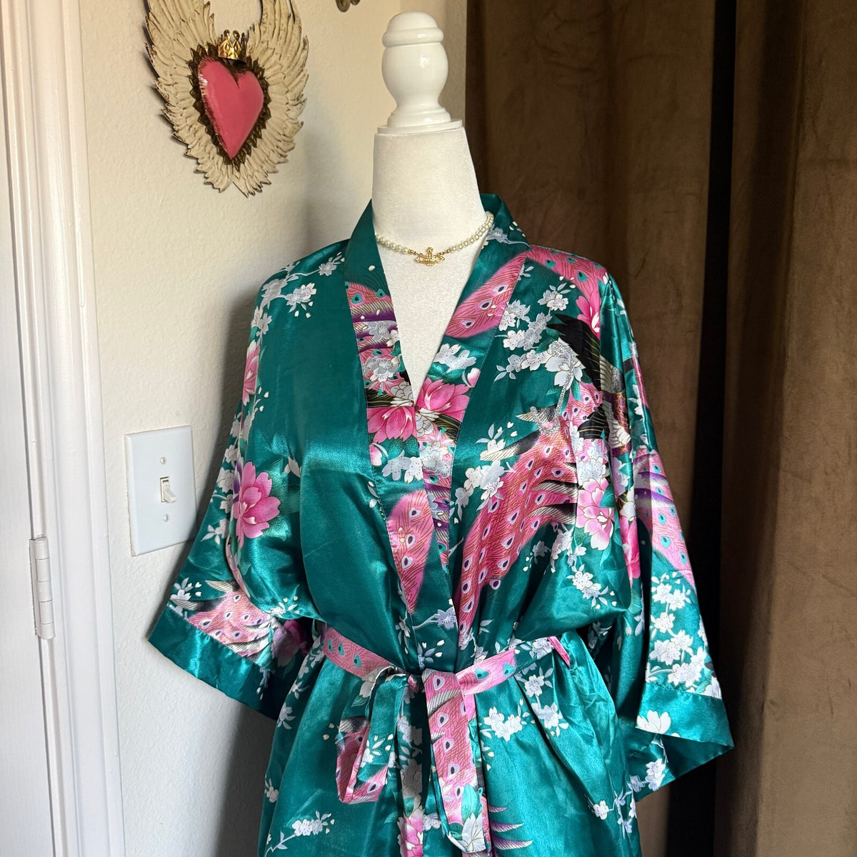 Teal Satin Kimono Robe Peacock Floral Print Belted Dressing Gown One Size
