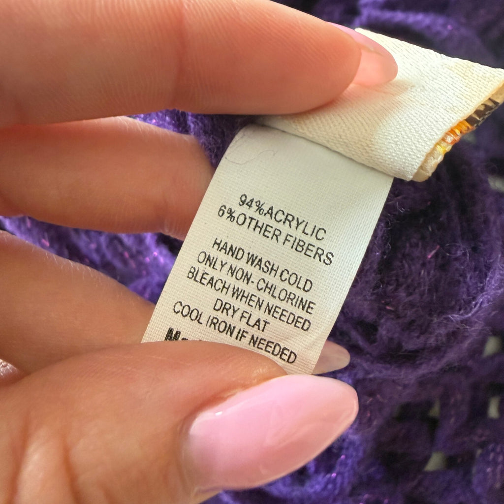 Mudd Y2K Purple Crochet Fringe Poncho Scarf Boho Witch Festival Sparkle Cover Up