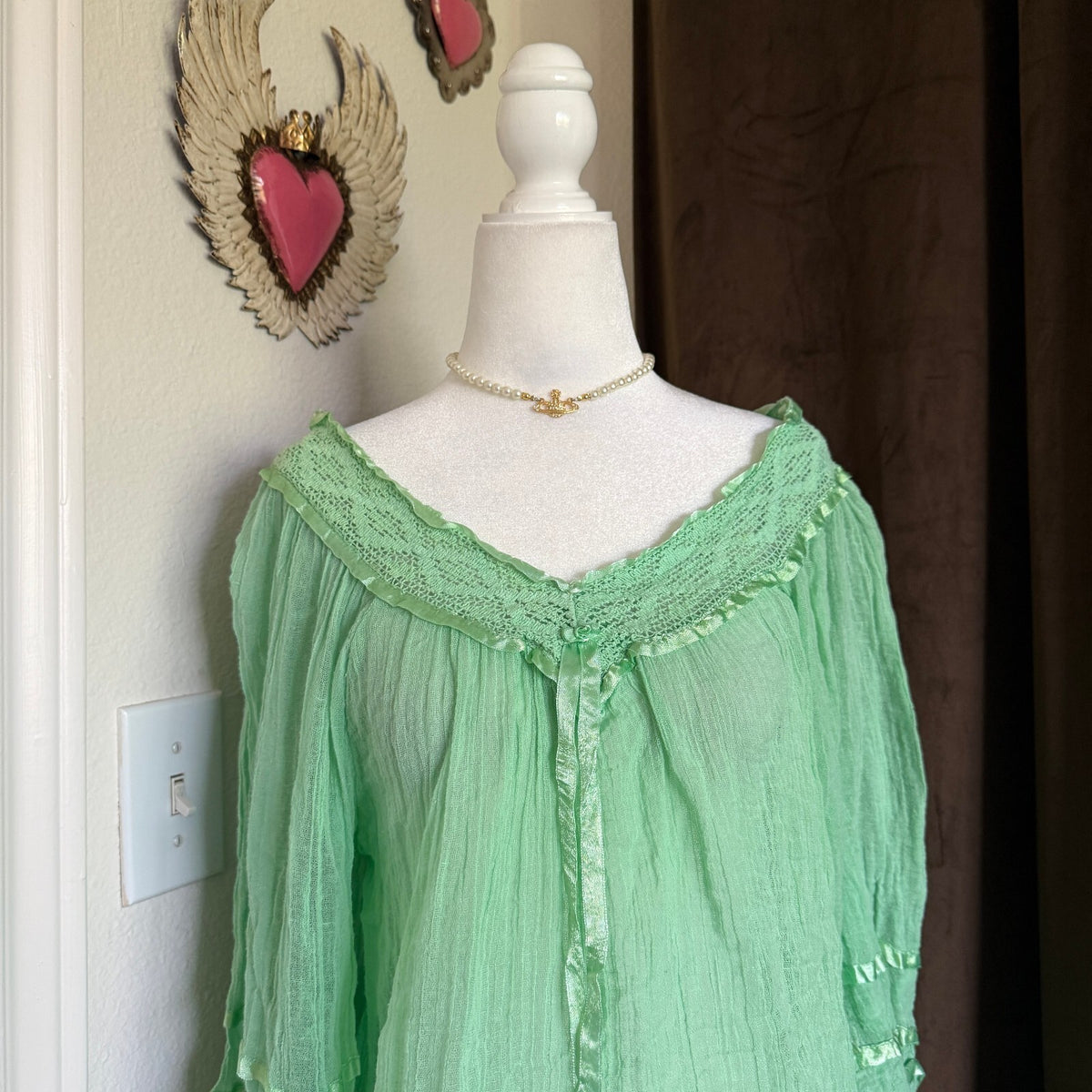 Bohemian Angel Sleeve Gauze Top Crochet & Ribbon Detail Bell Sleeves and Ruffles