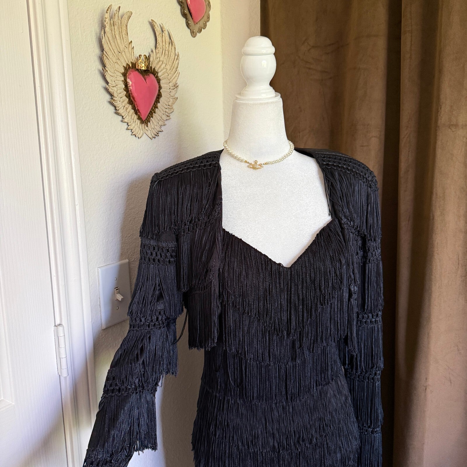 Cache Gold Label Vintage 1980's Fringe Midi Dress with Matching Cardigan
