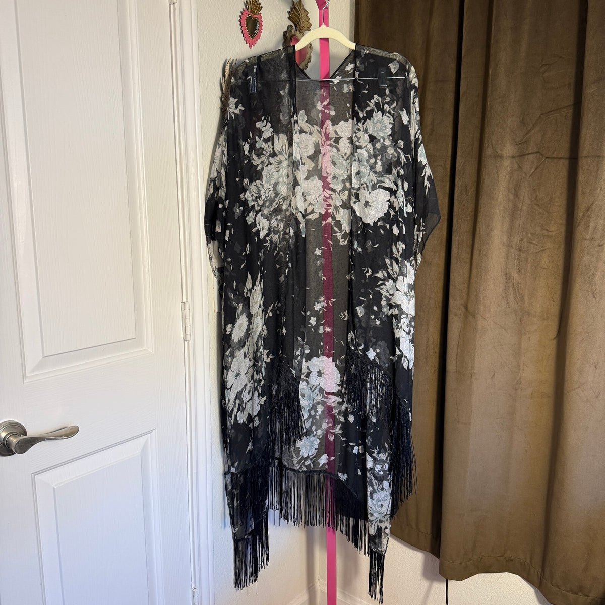 Black Floral Sheer Fringe Piano Shawl Scarf Wrap Poncho Boho Stevie Nicks O/S