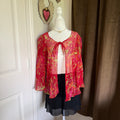 Sheer Red Pink Floral Tie-Front Kimono Top Y2K Fairycore Boho Bell Sleeve Vtg