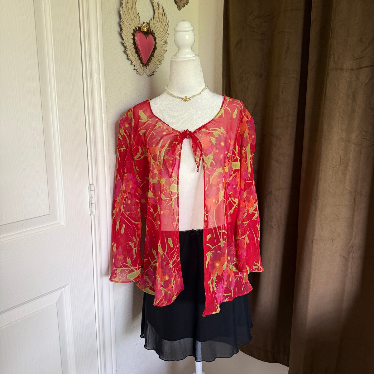 Sheer Red Pink Floral Tie-Front Kimono Top Y2K Fairycore Boho Bell Sleeve Vtg