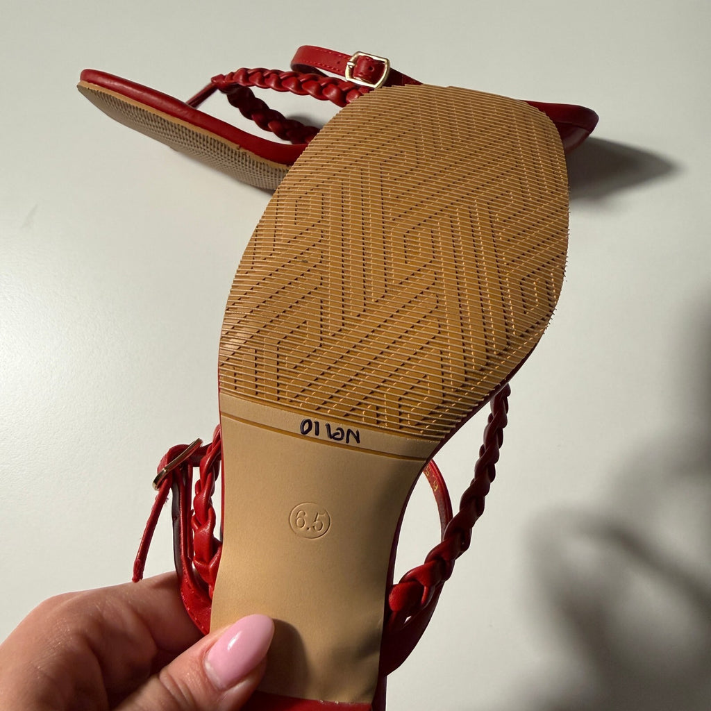 Hingswink Red Braided Strappy Kitten Heel Thong Sandals Brand New Size 6 1/2