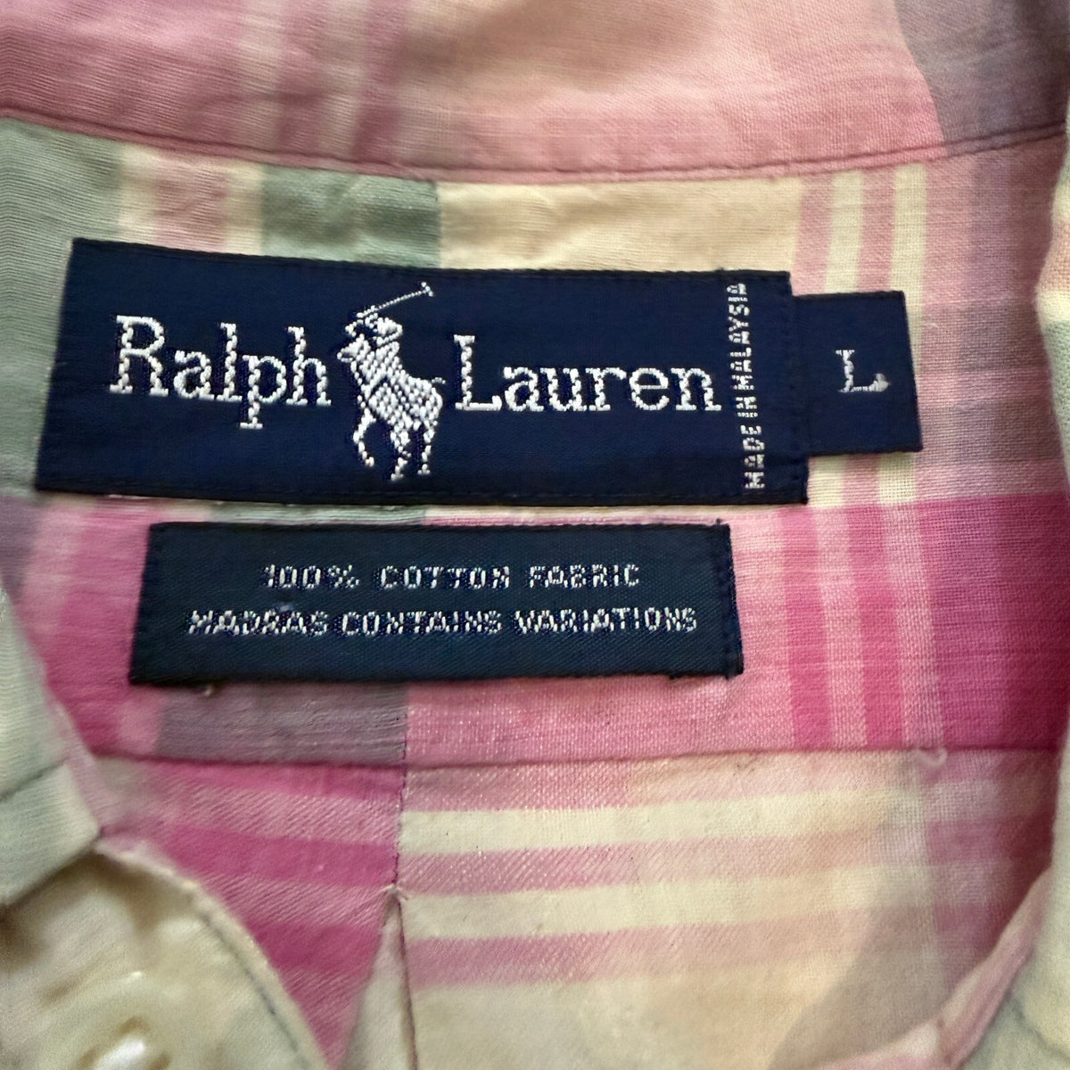 Ralph Lauren Pink Green Madras Plaid Short Sleeve Button Shirt 100% Cotton Sz Lg