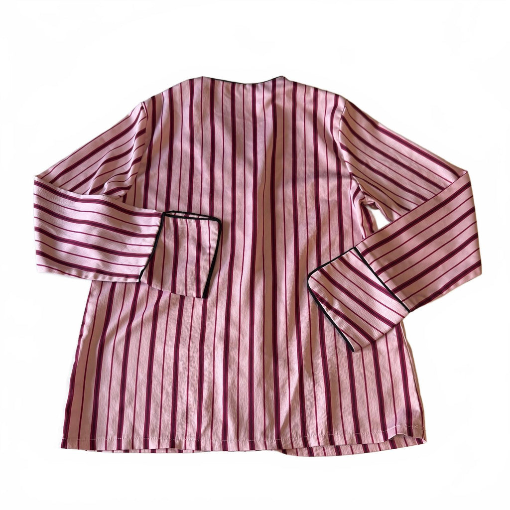 Y2K Pink Striped Satin Pajama Shirt Contrast Piping Uniqlo Jeans
