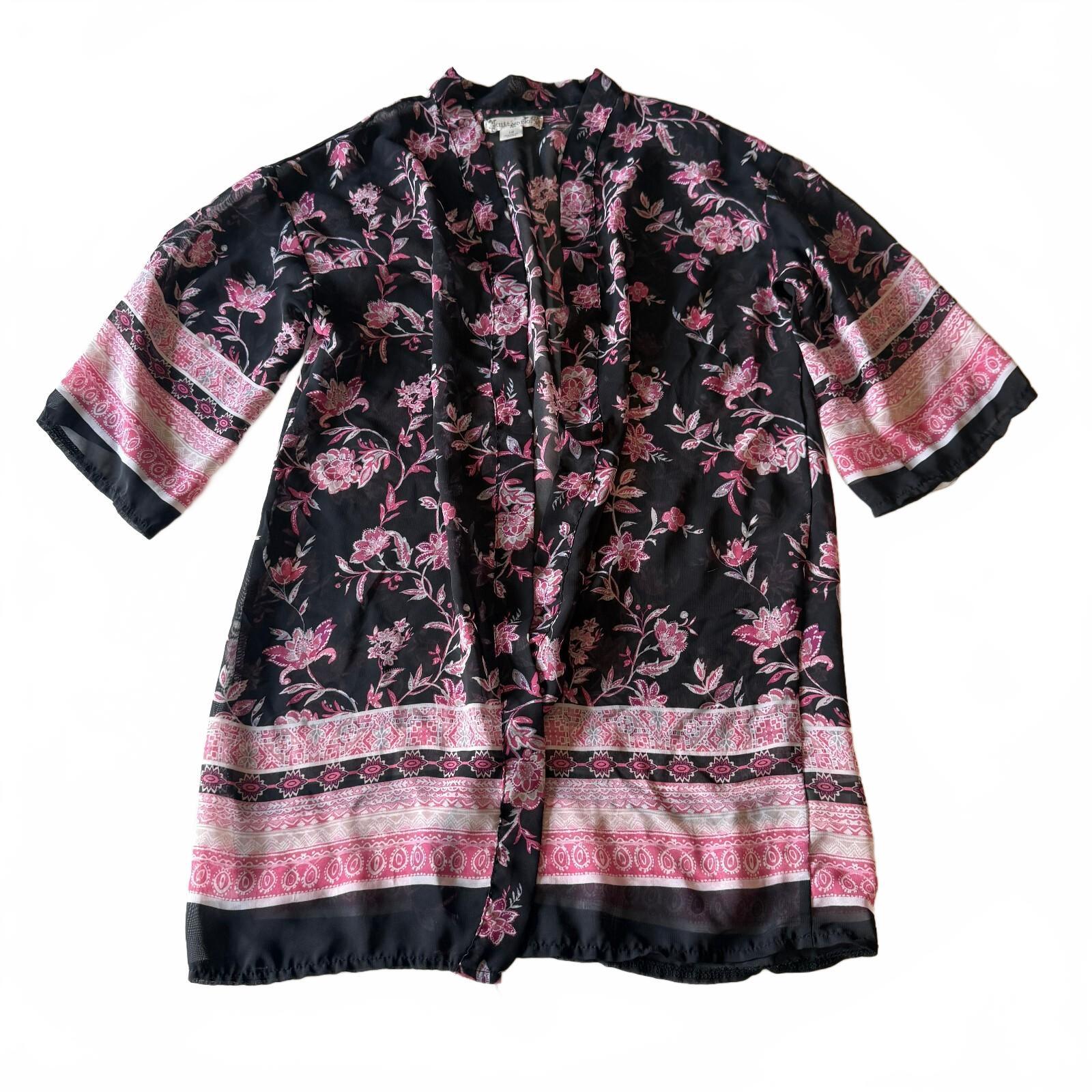 Knitworks Women's Bohemian Black and Pink Floral Sheer Kimono Cardigan Size 12