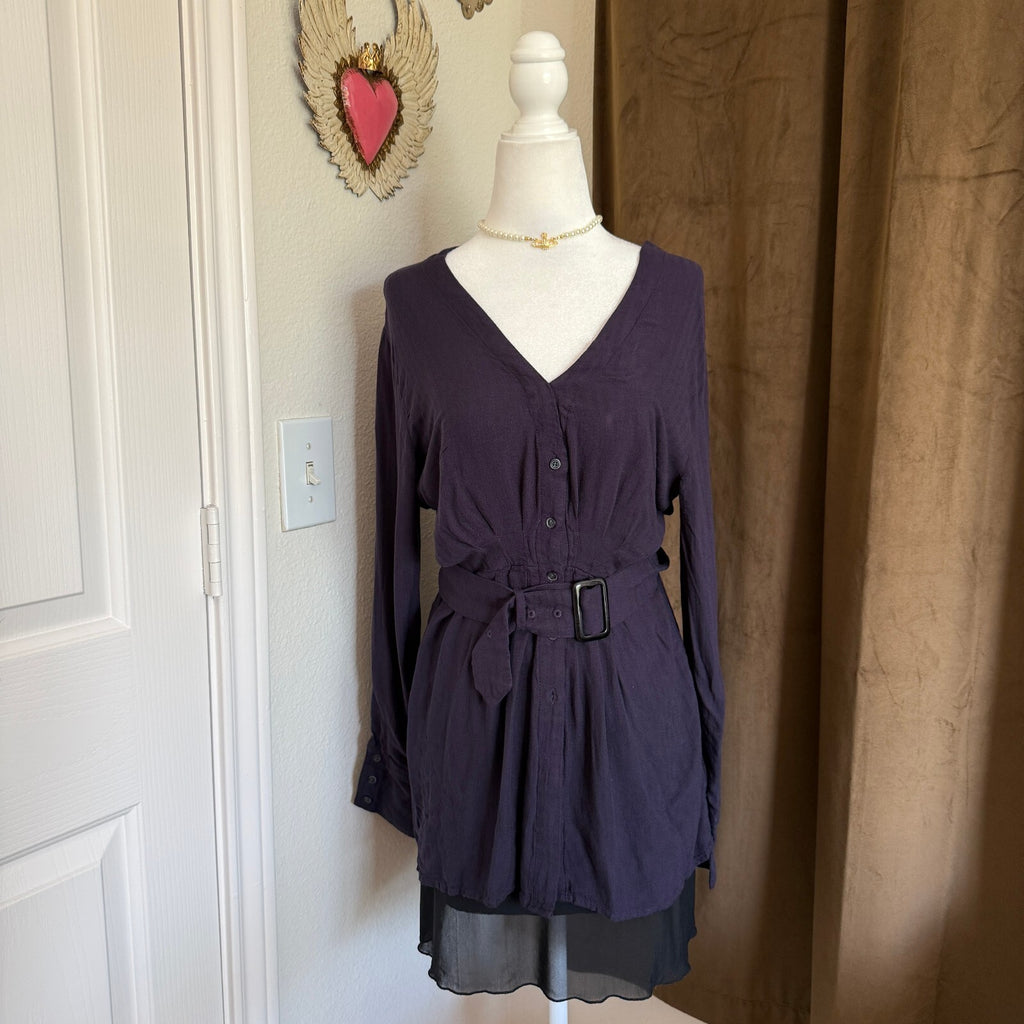 Free People Back in the Spotlight Belted Tunic Top Navy V-Neck Size M