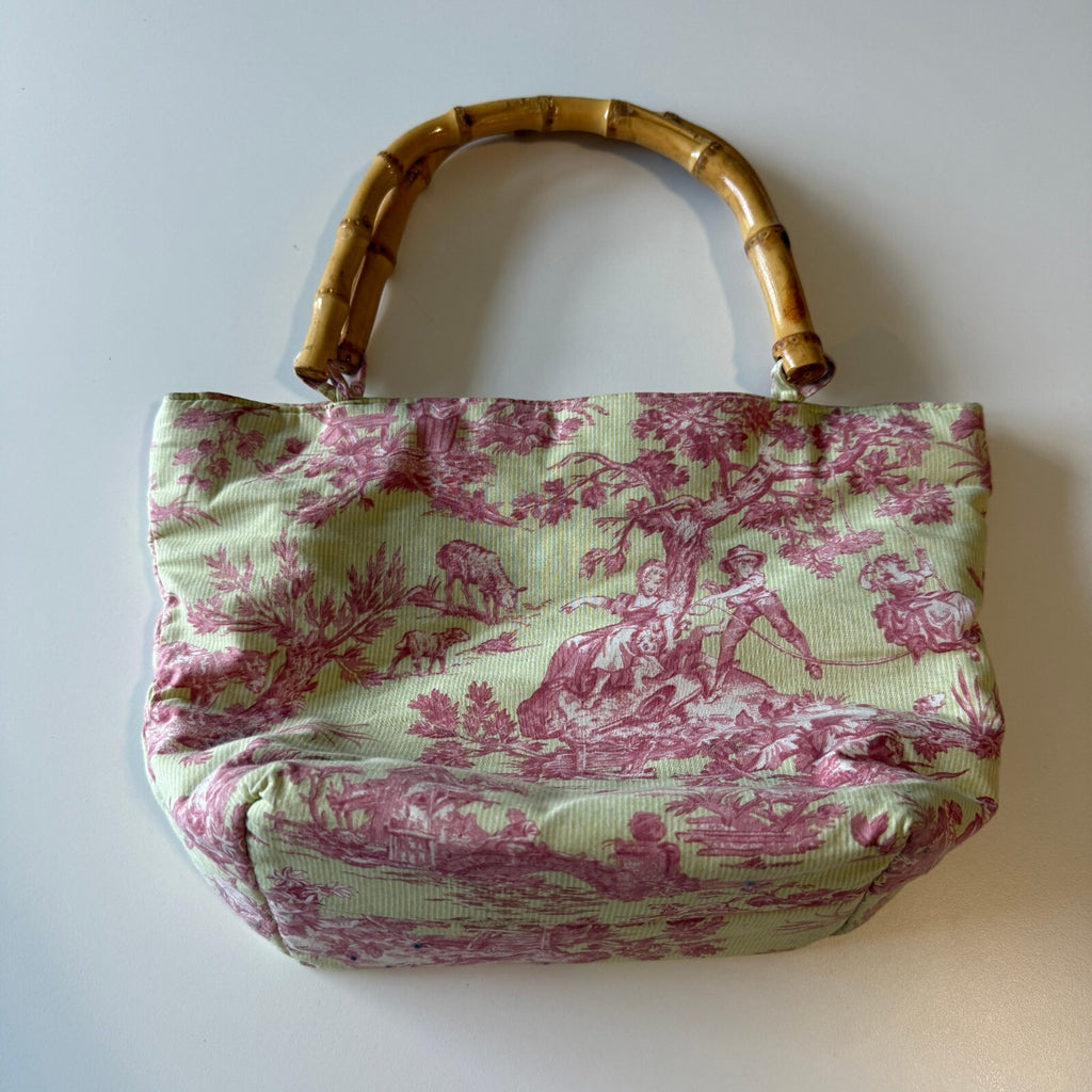 Pink and Yellow Toile de Jouy Bamboo Handle Purse Unique Fabric Accessory