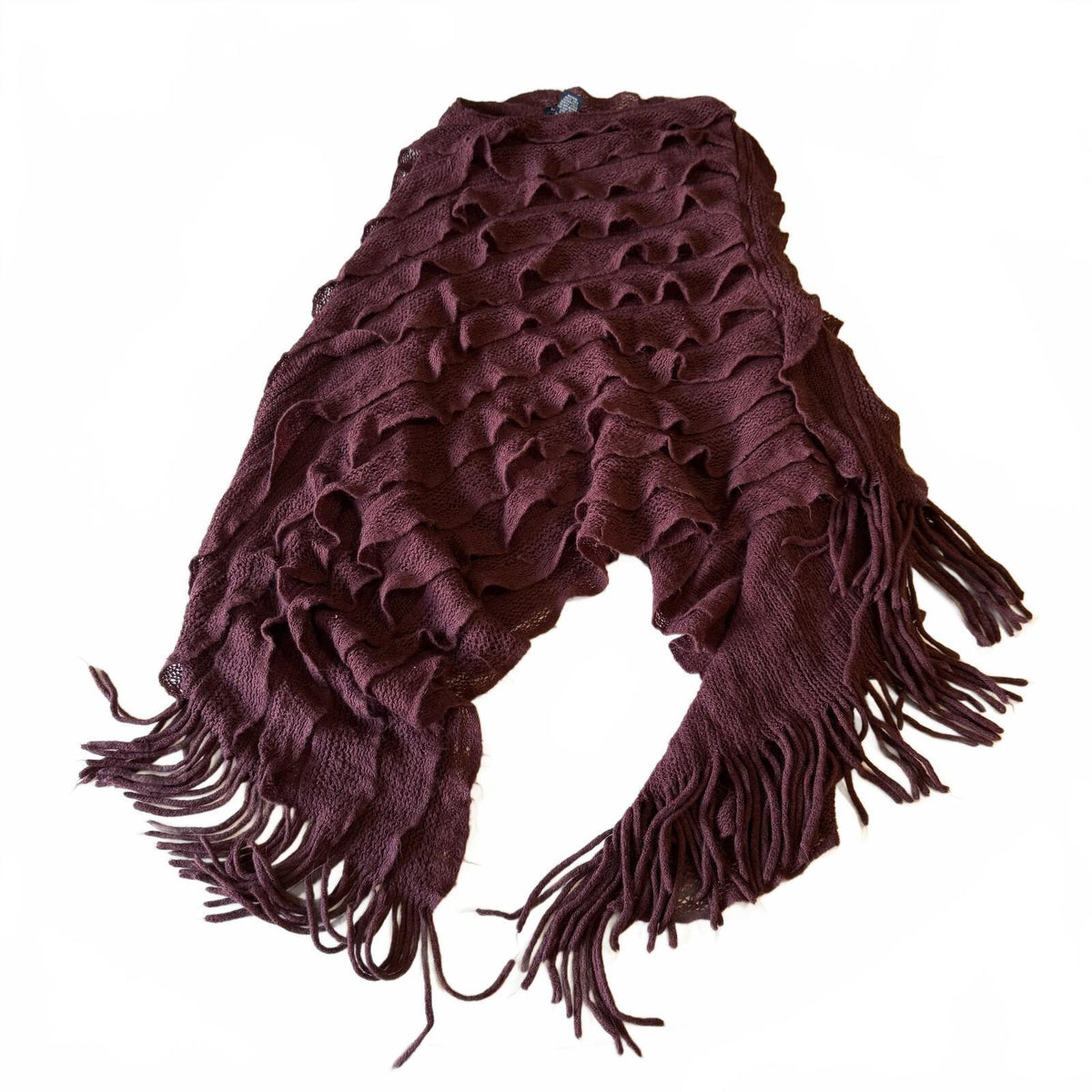 Max Edition Y2K Plum Ruffle Knit Fringe Asymmetrical Poncho Shawl Boho OS