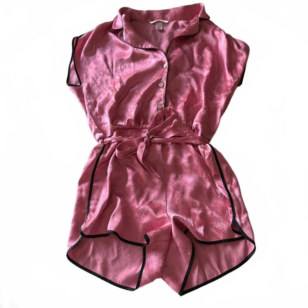 Victoria's Secret Satin Logo Printed Pajama Romper Sz S Pink Belted