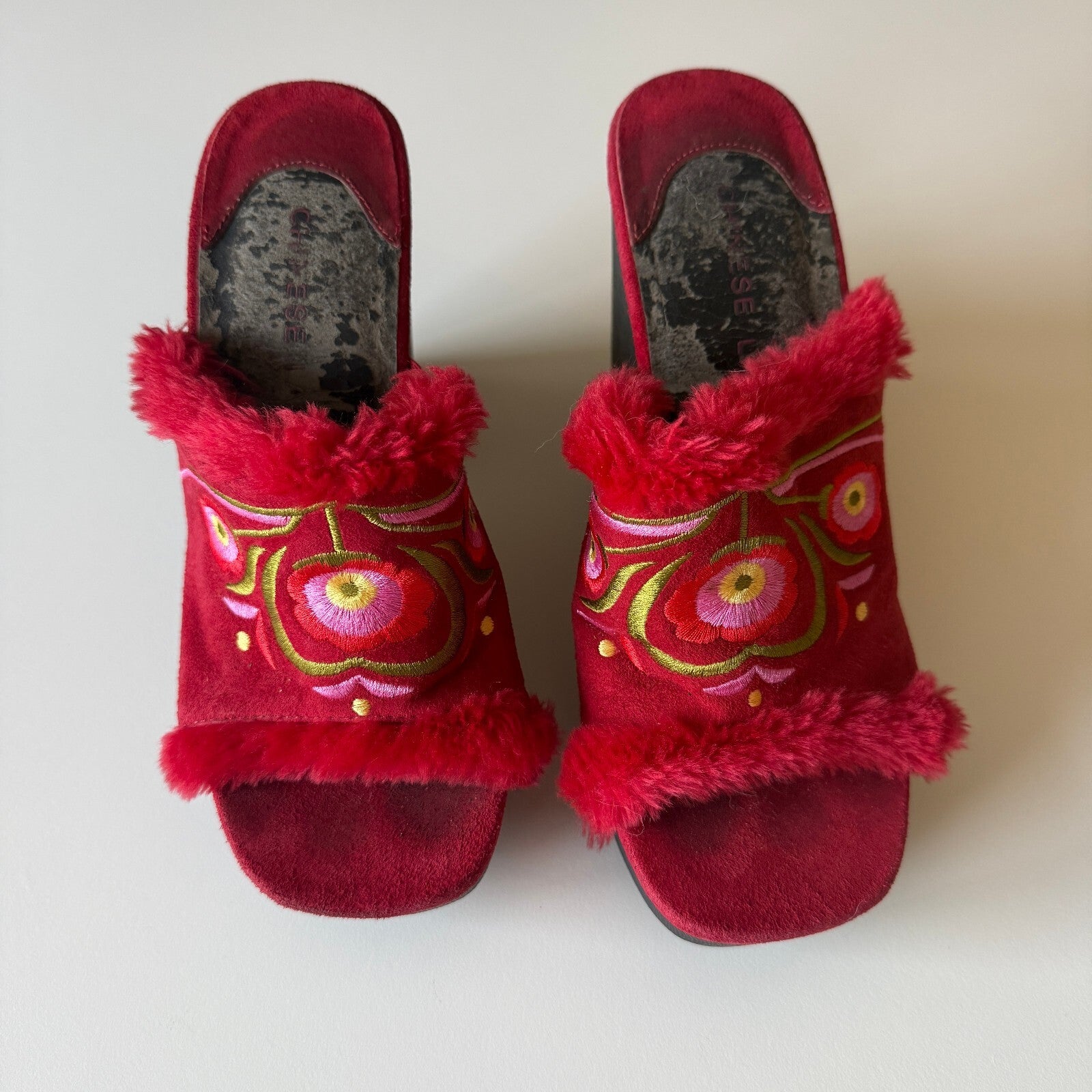 Vintage Chinese Laundry Funky Embroidered Faux Fur Platform Heels Sz 7 1/2