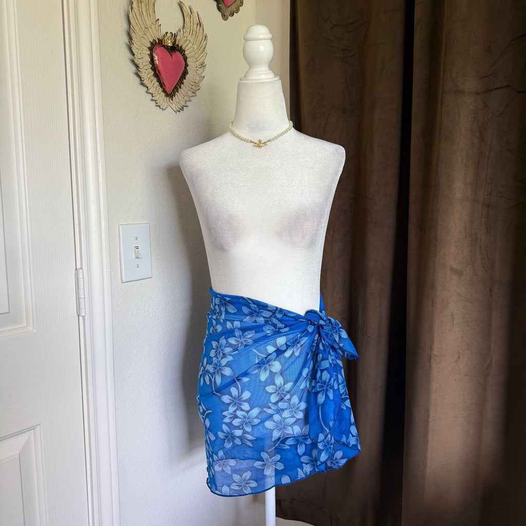 Vintage 1990s Leilani Coastal Beach Cover Up Floral Mesh Blue Sarong Vacation