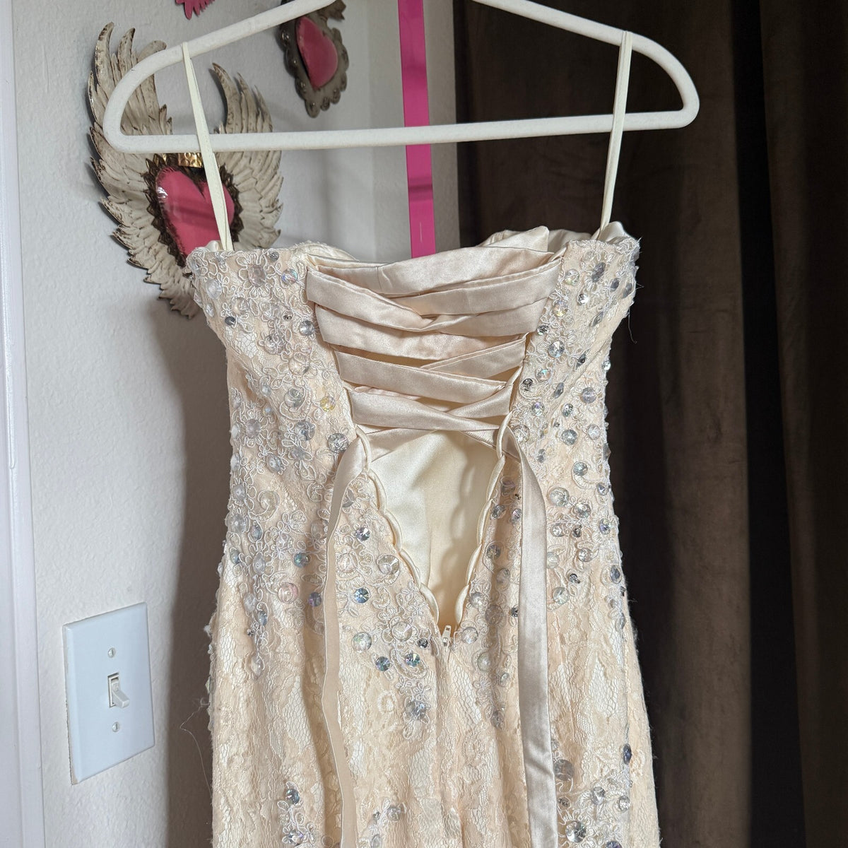 Ivory Lace Crystal Beaded Mermaid Wedding Dress Corset Back High Low Sz Small