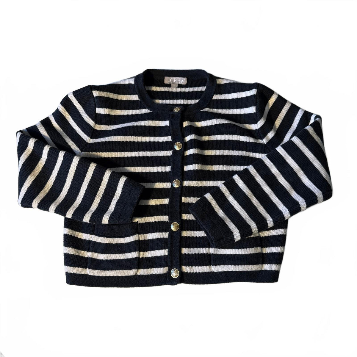 J. Crew Emile Sweater Lady Jacket Cardigan Black Stripe Gold Buttons Preppy Sz S