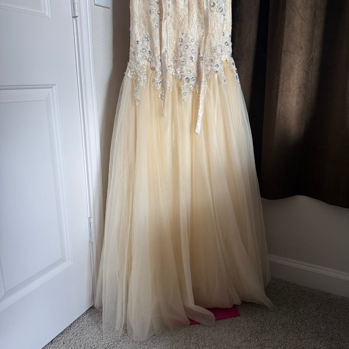 Ivory Lace Crystal Beaded Mermaid Wedding Dress Corset Back High Low Sz Small