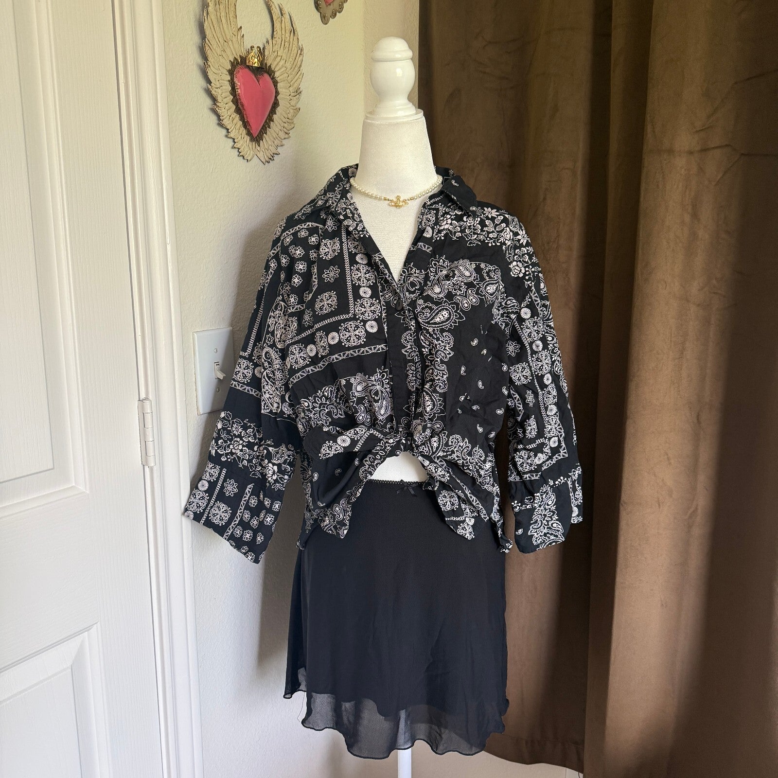 Rebecca Malone Petite Black and White Bandana Print Cotton Button-Up Shirt Sz XL