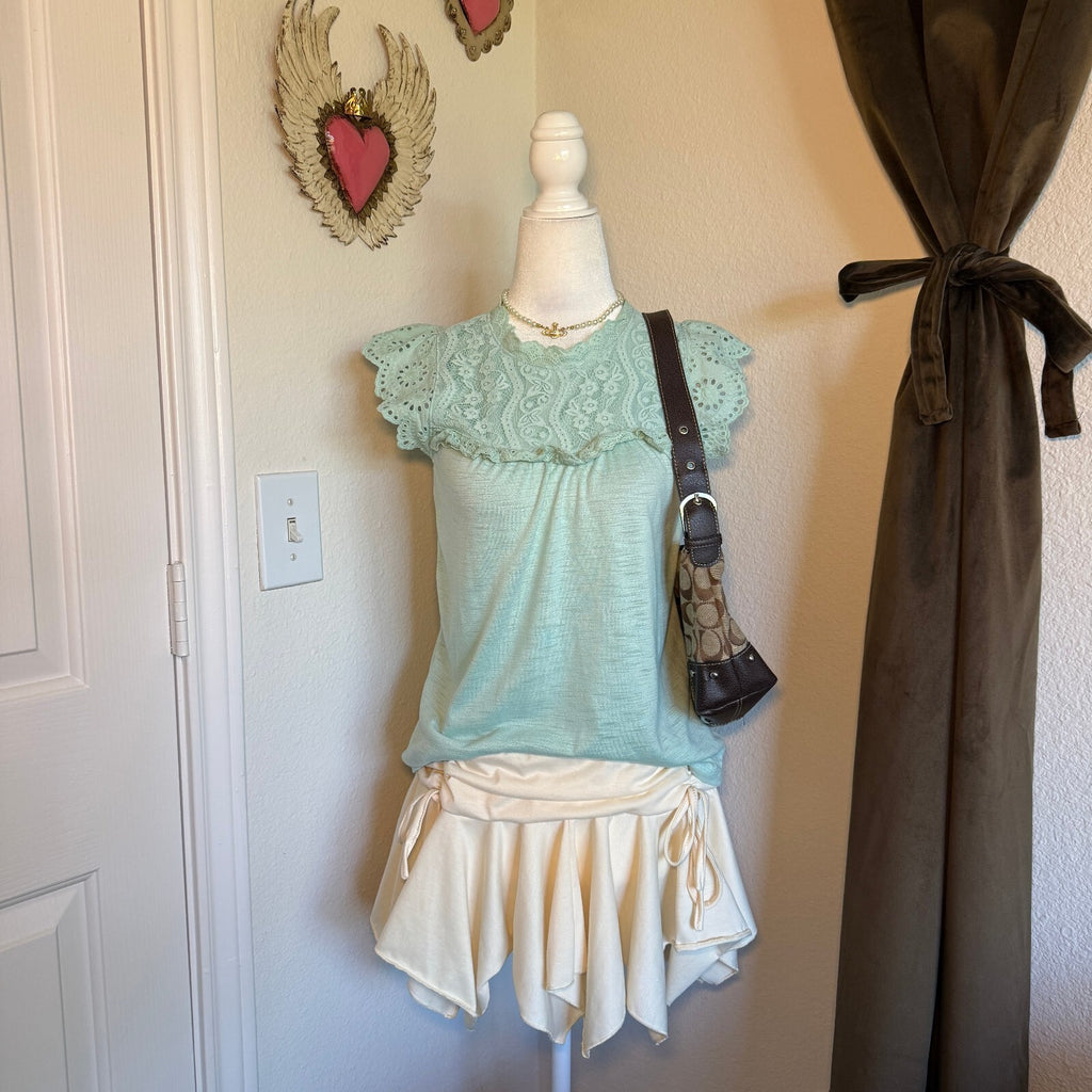 LC Lauren Conrad Coquette Mermaid Boho Mint Green Lace Eyelet Detail Top Size XS