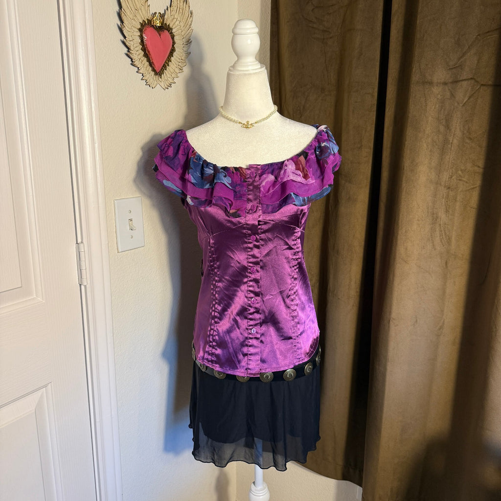 Dots Y2K Frilly Ruffled Collar Button-Up Short Sleeve Blouse Satin Silky Girly