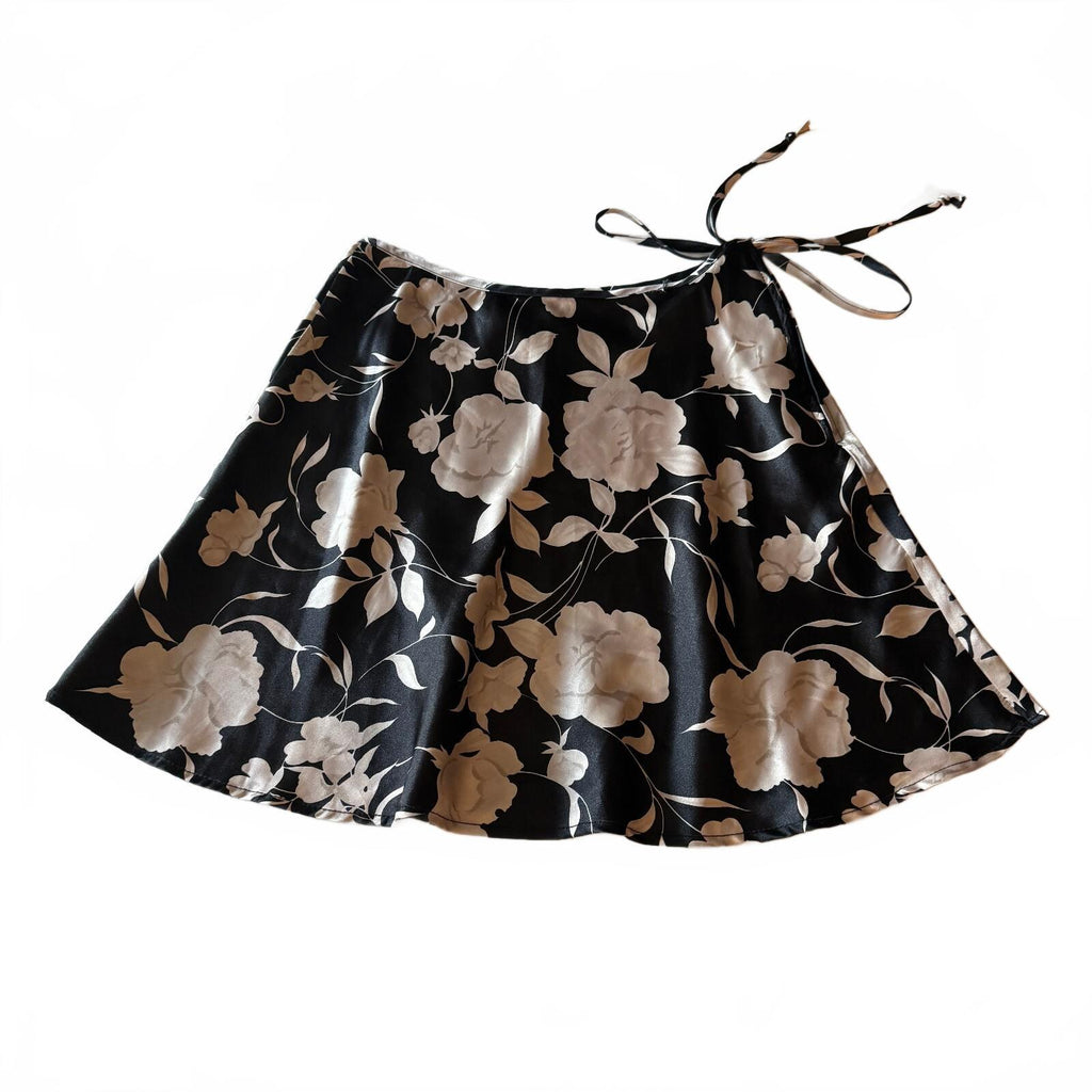 Vtg Jonathan Martin Black Floral Satin Mini Wrap Skirt Sz M Coquette Balletcore