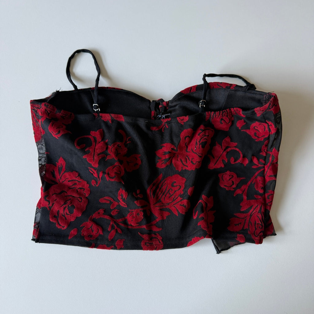 Windsor Medium Black and Red Floral Fairy Crop Top with Adjustable Straps