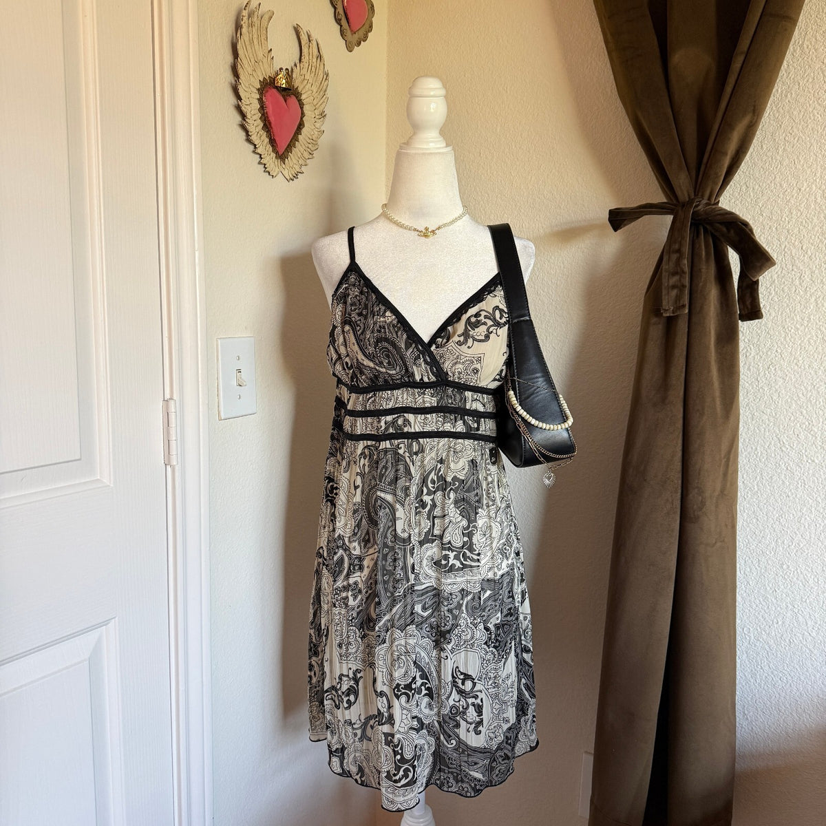 Linea Donatella Whimsigoth Coquette Black and White Paisley Slip Dress Ruffled