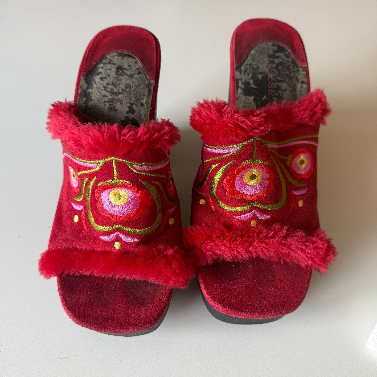 Vintage Chinese Laundry Funky Embroidered Faux Fur Platform Heels Sz 7 1/2