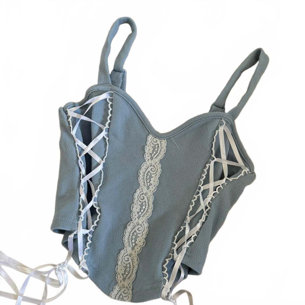 Blue Lace-Up Corset Style Crop Top with Adjustable Straps