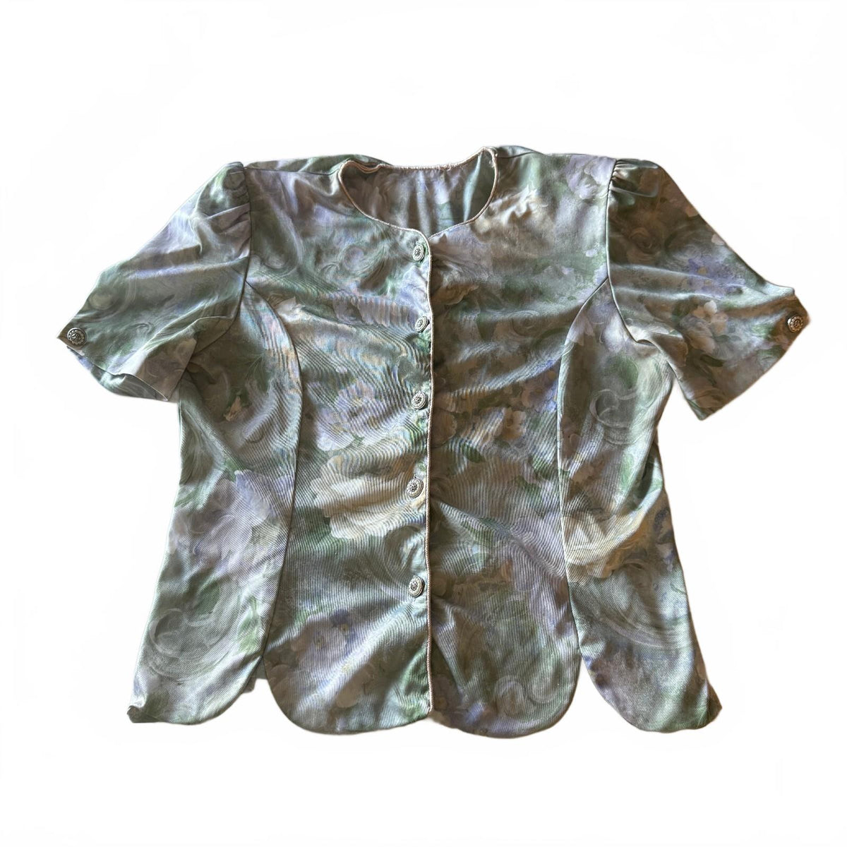 Vintage 1980's Watercolor Floral Scalloped Blouse Shoulder Pads Cottagecore