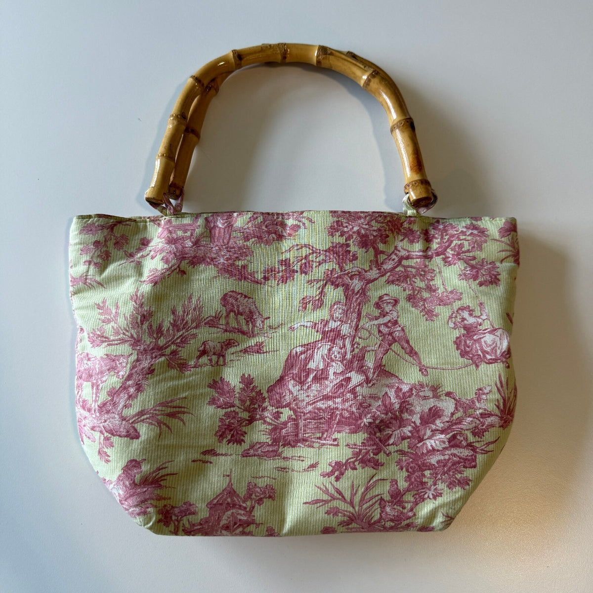 Pink and Yellow Toile de Jouy Bamboo Handle Purse Unique Fabric Accessory